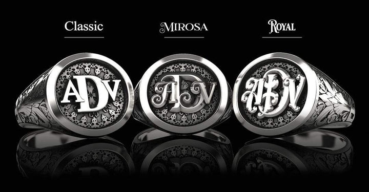 Classic Round Signet Ring - Custom Three Initials - Sterling Silver - Girati Silver Rings for Men