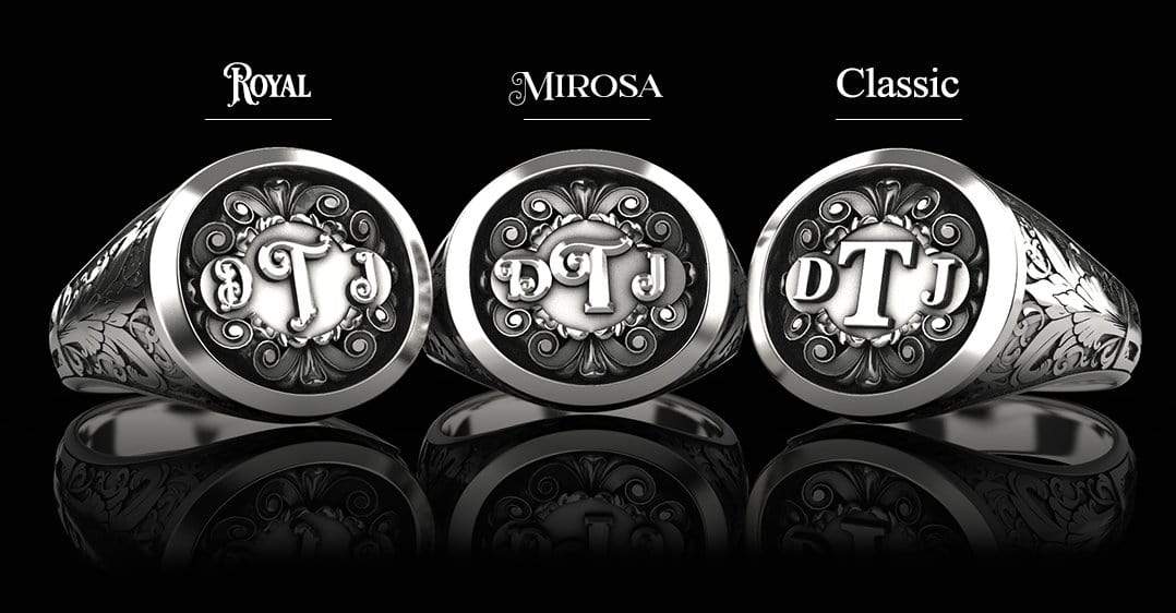 Ornamental Round Signet Silver Ring - Custom Three Initials - Sterling Silver - Girati Silver Rings for Men