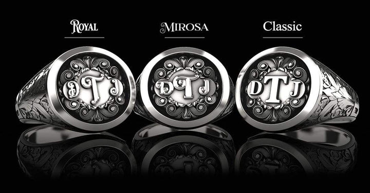Ornamental Round Signet Silver Ring - Custom Three Initials - Sterling Silver - Girati Silver Rings for Men