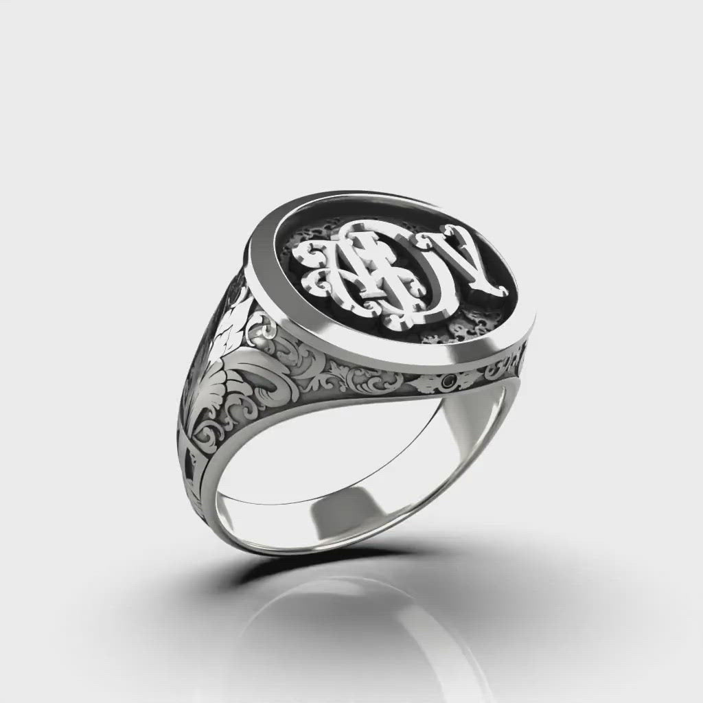Classic Round Signet Ring - Custom Three Initials - Sterling Silver