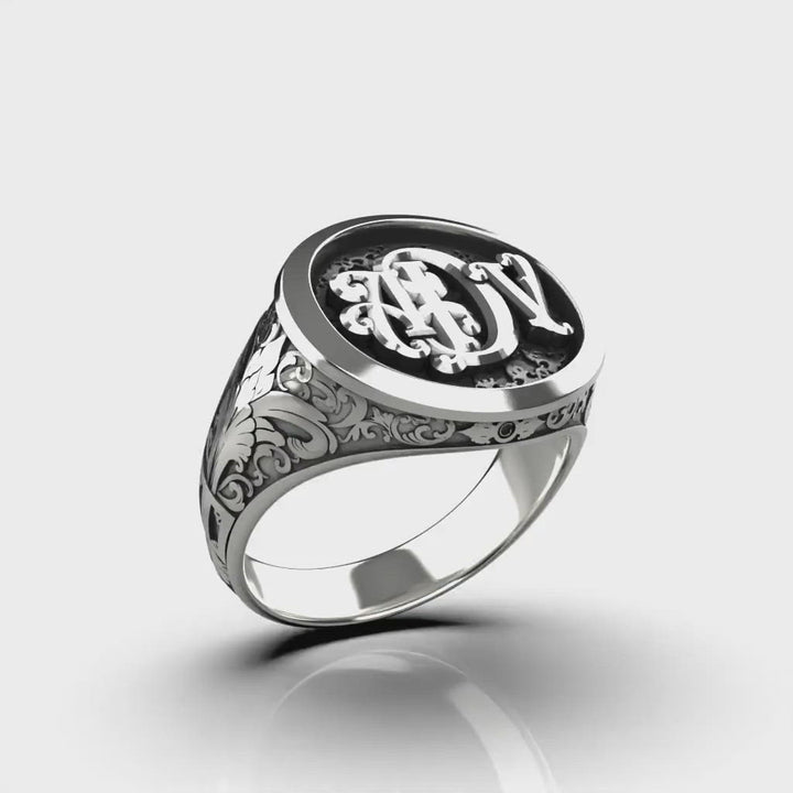 Classic Round Signet Ring - Custom Three Initials - Sterling Silver