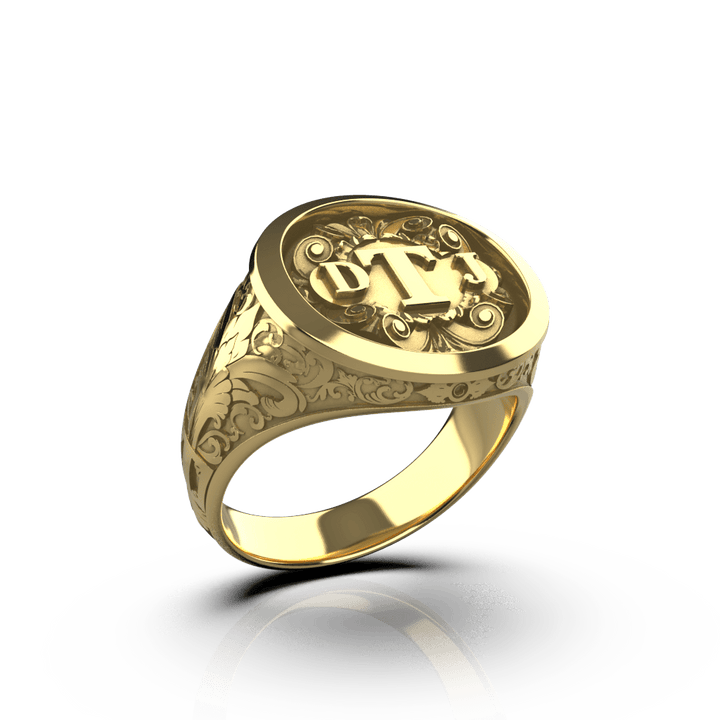 Ornamental Round Signet Silver Ring - Custom Three Initials - 14K Gold - Girati Silver Rings for Men