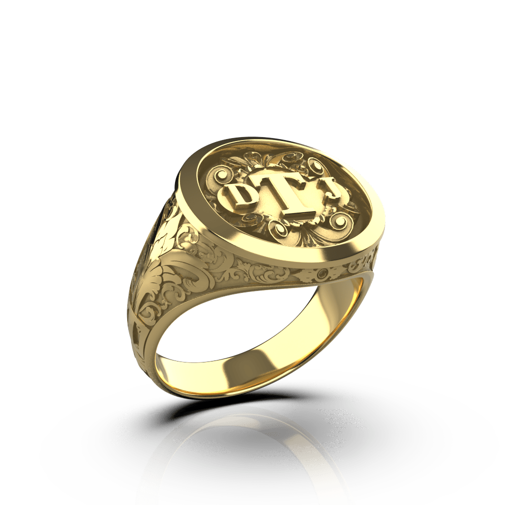 Ornamental Round Signet Silver Ring - Custom Three Initials - 14K Gold - Girati Silver Rings for Men