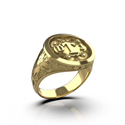 Ornamental Round Signet Silver Ring - Custom Three Initials - 14K Gold - Girati Silver Rings for Men
