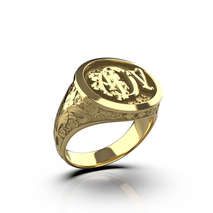 Classic Round Signet Ring - Custom Three Initials - 14K Gold - Girati Silver Rings for Men