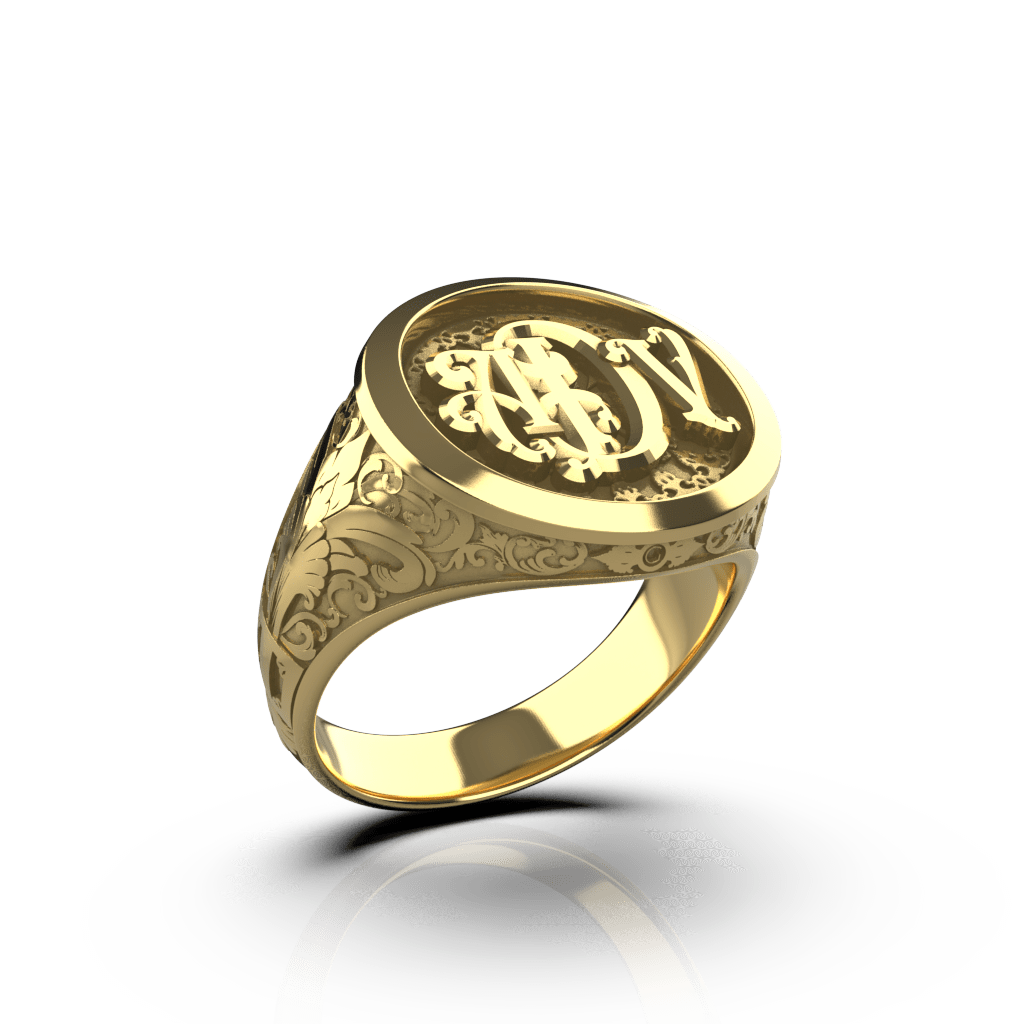 Classic Round Signet Ring - Custom Three Initials - 14K Gold - Girati Silver Rings for Men