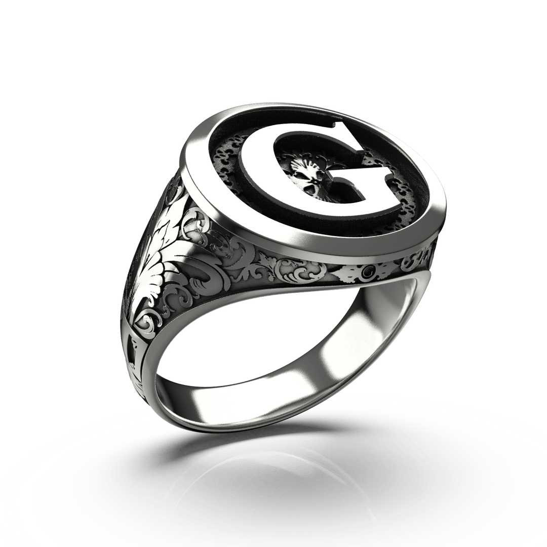 Classic Round Signet Ring - Custom Single Initial - Sterling Silver - Girati Silver Rings for Men