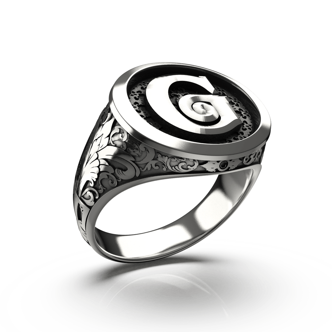 Classic Round Signet Ring - Custom Single Initial - Sterling Silver - Girati Silver Rings for Men