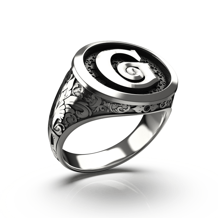 Classic Round Signet Ring - Custom Single Initial - Sterling Silver - Girati Silver Rings for Men