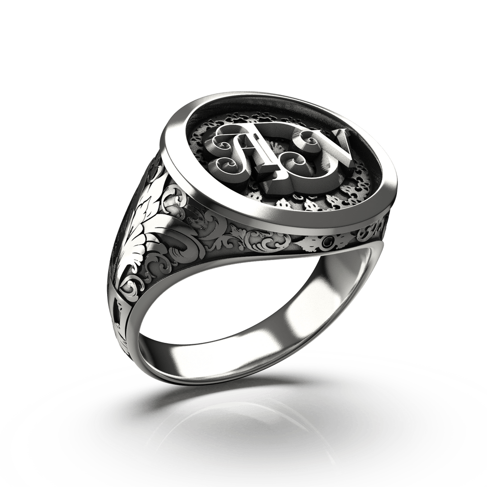 Classic Round Signet Ring - Custom Three Initials - Sterling Silver - Girati Silver Rings for Men
