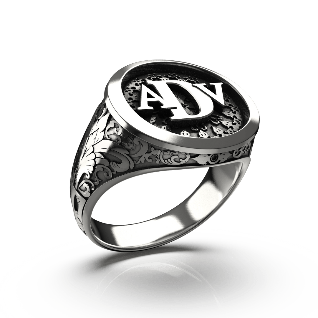 Classic Round Signet Ring - Custom Three Initials - Sterling Silver - Girati Silver Rings for Men
