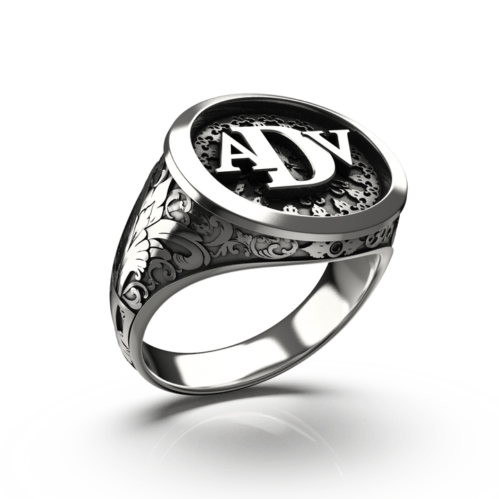 Classic Round Signet Ring - Custom Three Initials - Sterling Silver - Girati Silver Rings for Men