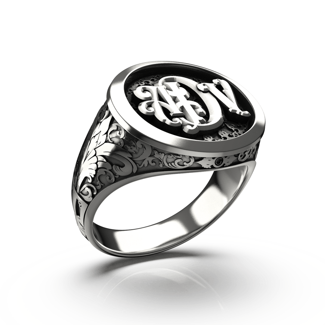 Classic Round Signet Ring - Custom Three Initials - Sterling Silver - Girati Silver Rings for Men
