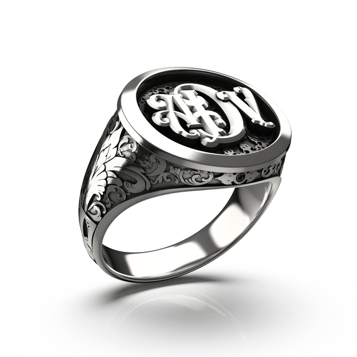 Classic Round Signet Ring - Custom Three Initials - Sterling Silver - Girati Silver Rings for Men