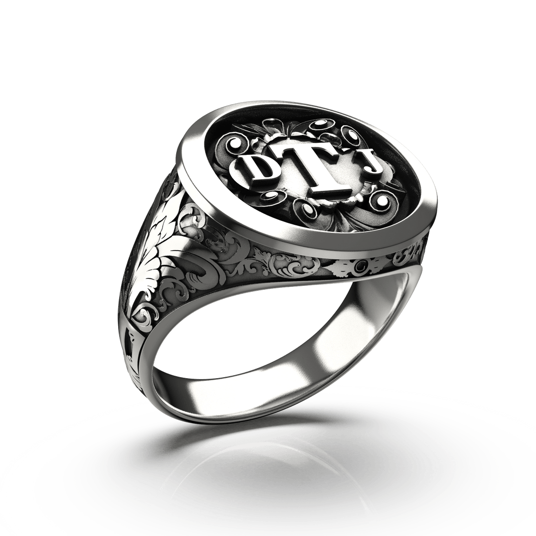 Ornamental Round Signet Silver Ring - Custom Three Initials - Sterling Silver - Girati Silver Rings for Men