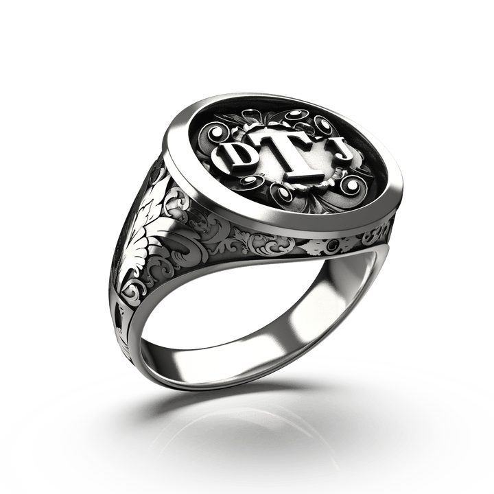 Ornamental Round Signet Silver Ring - Custom Three Initials - Sterling Silver - Girati Silver Rings for Men