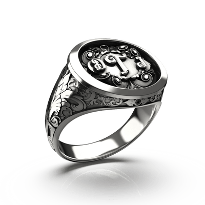 Ornamental Round Signet Silver Ring - Custom Three Initials - Sterling Silver - Girati Silver Rings for Men