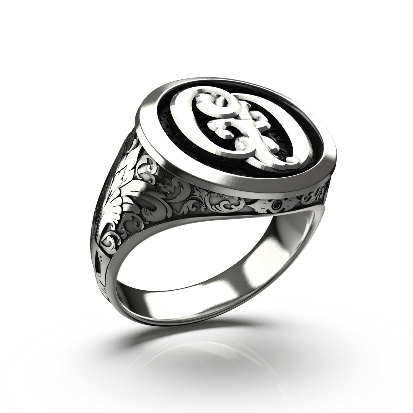 Classic Round Signet Ring - Custom Two Initials - Sterling Silver - Girati Silver Rings for Men